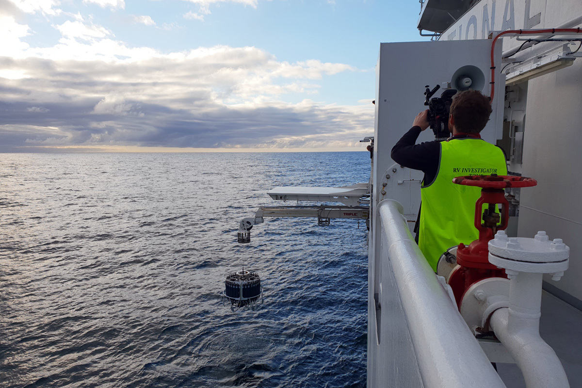 Andrew Terhell filming the oceanographic sampler